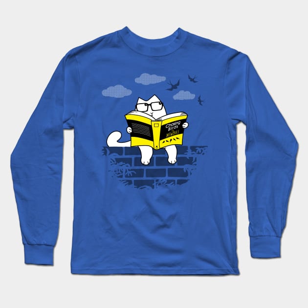 Funny Cute Nerdy Cat Reading Studying Cartoon For Cat Lovers Long Sleeve T-Shirt by BoggsNicolas